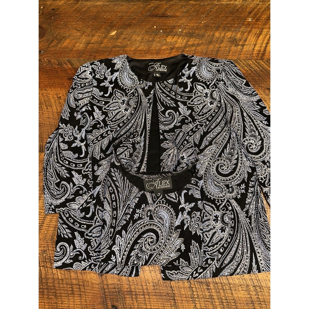 Alex Evenings Jacket Set Size SP   Black Blue‎ Paisley 3/4 Sleeves Dressy Formal
